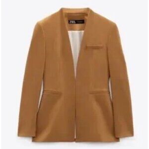 Zara Women's XL Lapelless Fitted Blazer in Camel Hook Closure Lined